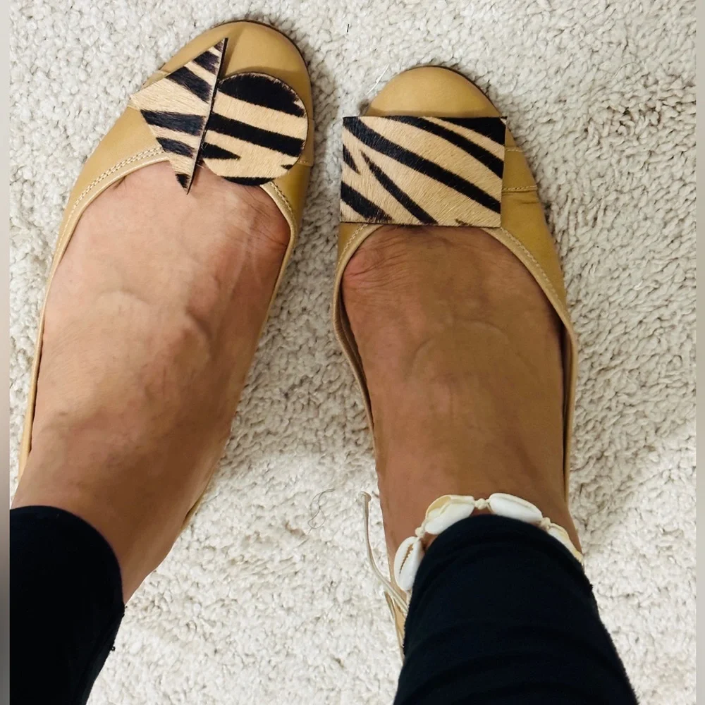 Refashioned Escada Tan Genuine Leather Flat Ballerina Shoes Size 40